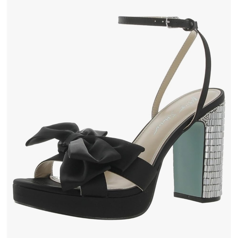 Betsey Johnson Maddy Black Satin Bow‎ Rhinestone Platform Block Heel Sandal 9